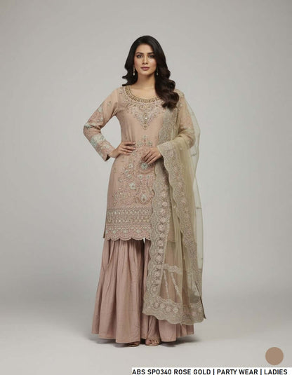 Masuri short shirt garara rose gold - Pakistani women's festive party wear with soft net dupatta front view