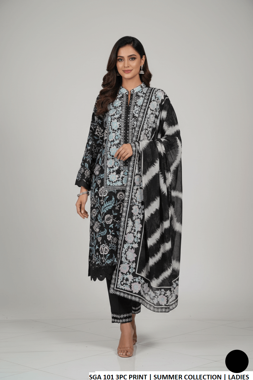 Lawn straight printed shirt - Pakistani women's casual summer outfit with cotton trouser and lawn dupatta front view