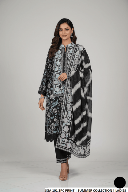 Lawn straight printed shirt - Pakistani women's casual summer outfit with cotton trouser and lawn dupatta front view