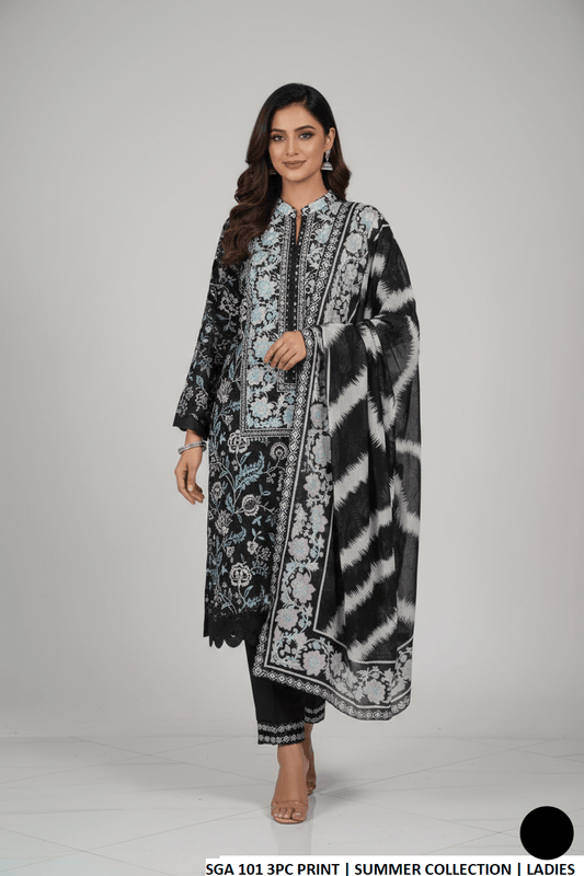 Lawn straight printed shirt - Pakistani women's casual summer outfit with cotton trouser and lawn dupatta front view