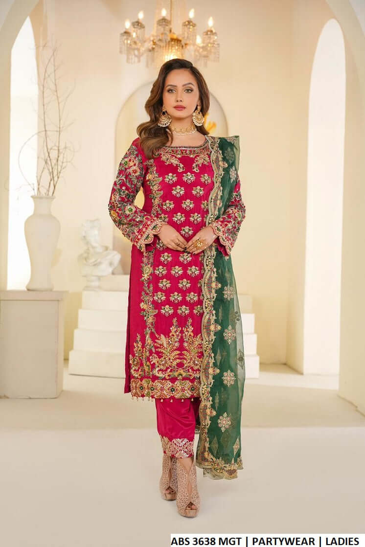Silk straight shirt magenta - Pakistani women's formal party wear with silk trouser and organza dupatta front view