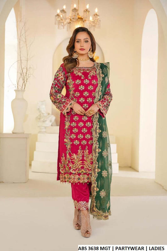 Silk straight shirt magenta - Pakistani women's formal party wear with silk trouser and organza dupatta front view