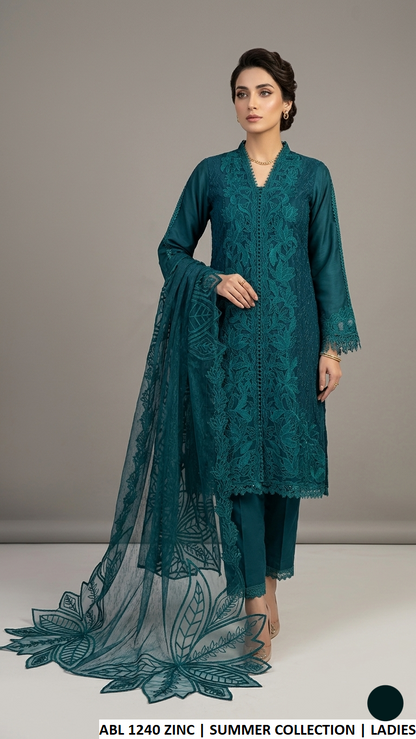 Cotton A-Line shirt plazo zinc grey - Pakistani women's elegant casual outfit with khadi net dupatta front view