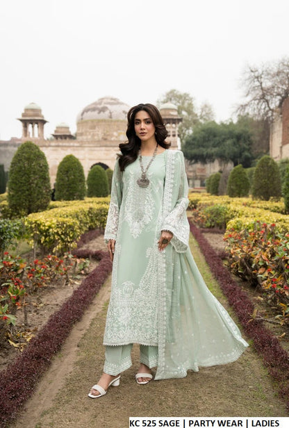 Georgette straight shirt plazo sage green - Pakistani women's embroidered semi-formal outfit with chiffon dupatta front view