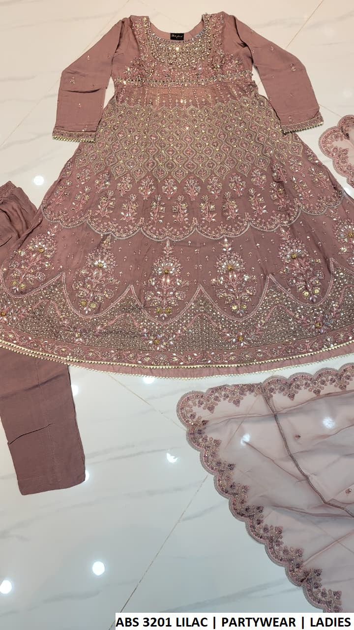 ABS 3201 LILAC - Lilac Chiffon Long Frock 3-Piece Ladies Pakistani Suit