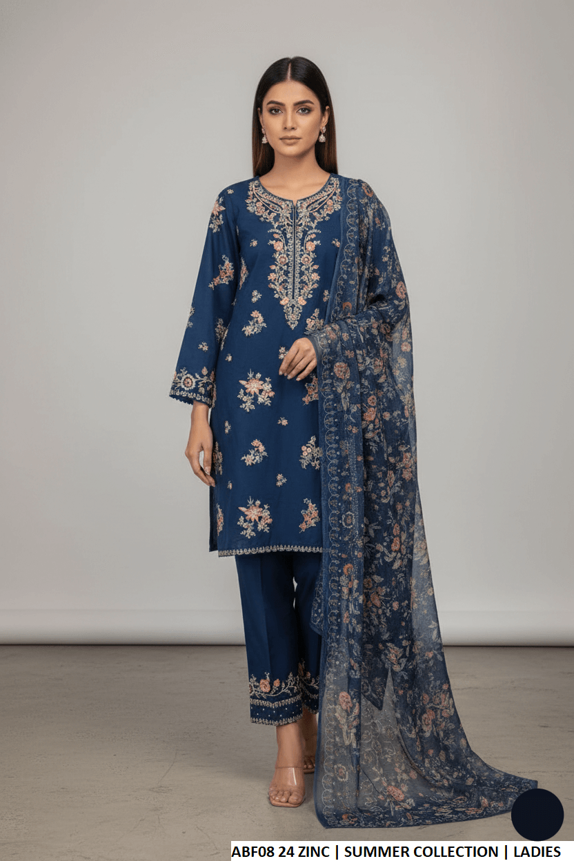 Cotton straight shirt zinc grey - Pakistani women's casual outfit with digital print dupatta front view