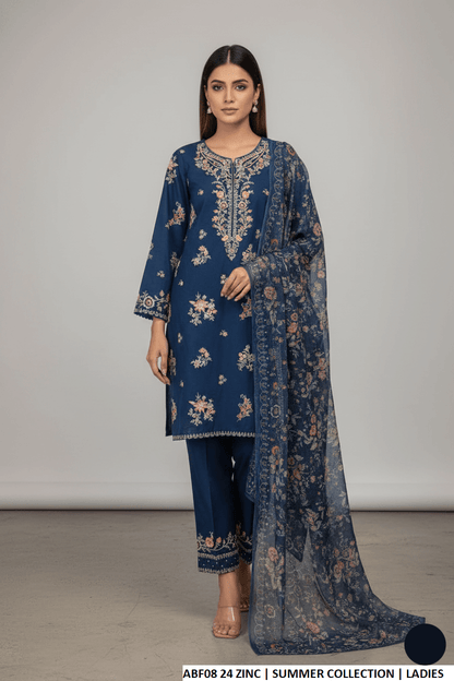 Cotton straight shirt zinc grey - Pakistani women's casual outfit with digital print dupatta front view