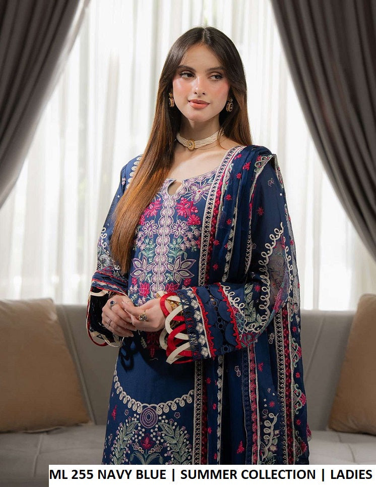 ML 255 NAVY BLUE - Navy Blue Cotton Straight 3-Piece Women's Pakistani Suit