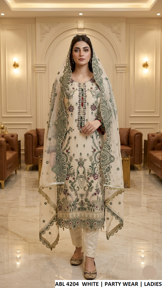 ABL 4204 WHITE - White Chiffon Straight 3-Piece Women's Pakistani Suit
