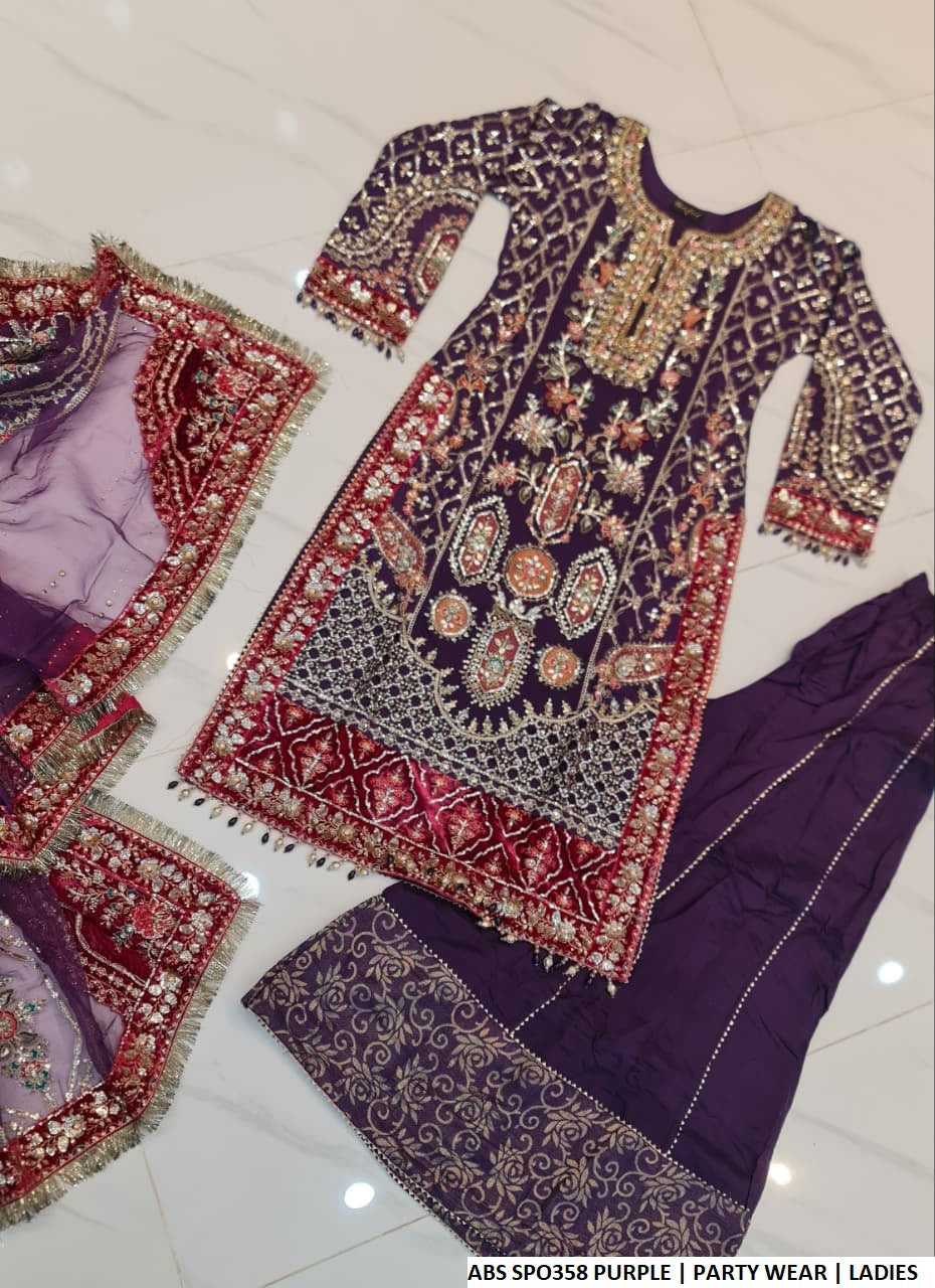 Purple chiffon Pakistani women's straight shirt with plazo back view