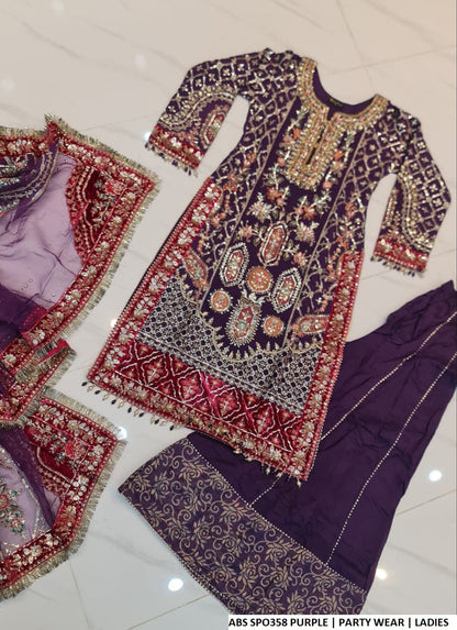 Purple chiffon Pakistani women's straight shirt with plazo back view