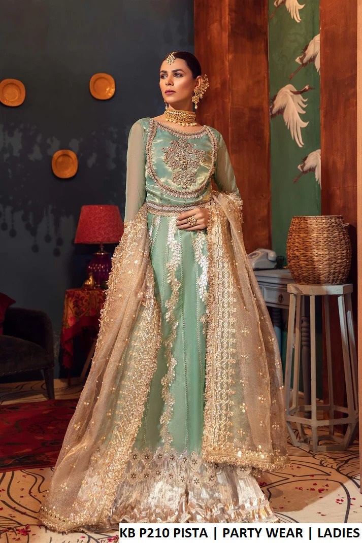 Pure resham mesuri sharara pista green - Pakistani women's luxury bridal party wear with embroidered shirt and khadi net dupatta front view
