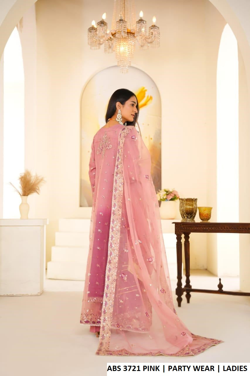 Pakistani women's baby pink organza open long frock detail view