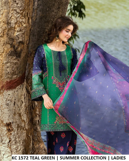 KC Sunehri 1572 Teal Green - Teal Green Silk 3-Piece Women's Ready to Wear Pakistani Suit
