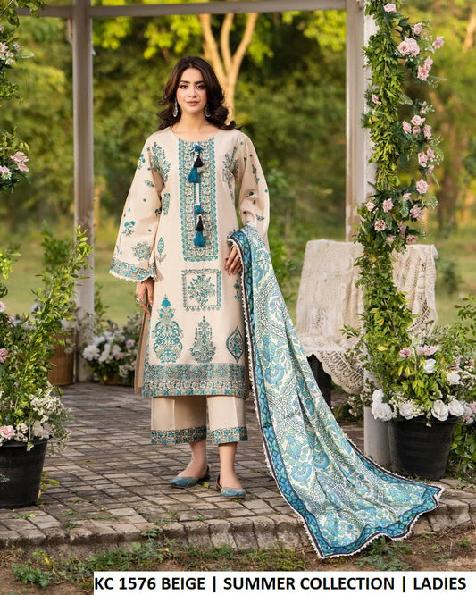 KC Sunehri 1576 Sand Beige - Sand Beige Embroidered 3-Piece Women's Ready to Wear Suit