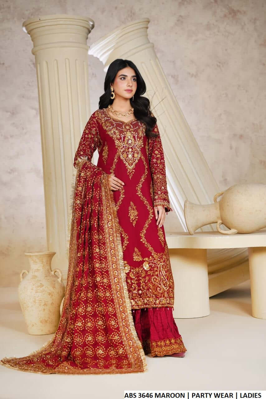 Chiffon A-Line shirt sharara maroon - Pakistani women's luxury festive party wear with viscose trouser and chiffon dupatta front view