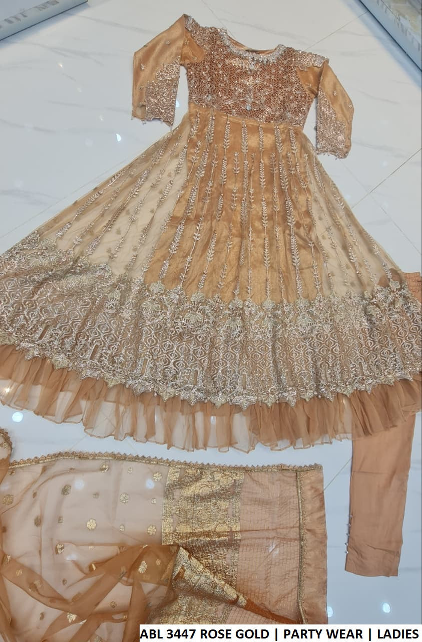 Rose gold soft net Pakistani women's long frock with viscose trouser back view