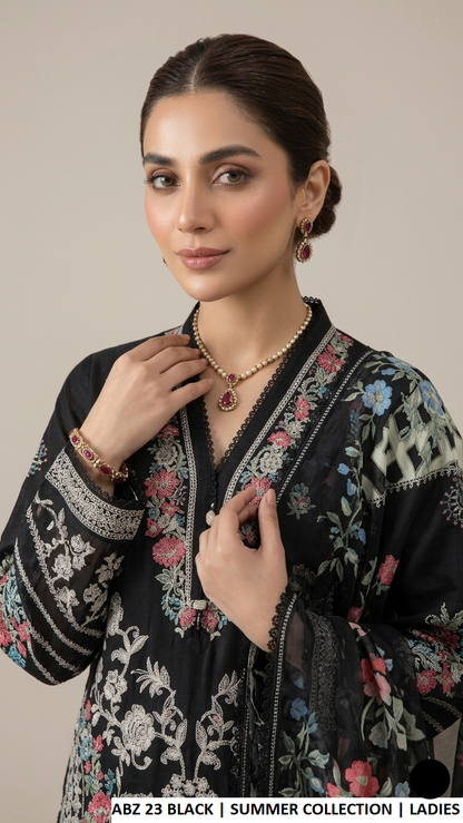 ABZ 23 BLACK - Black Cotton Chiffon Straight 3-Piece Women's Pakistani Suit