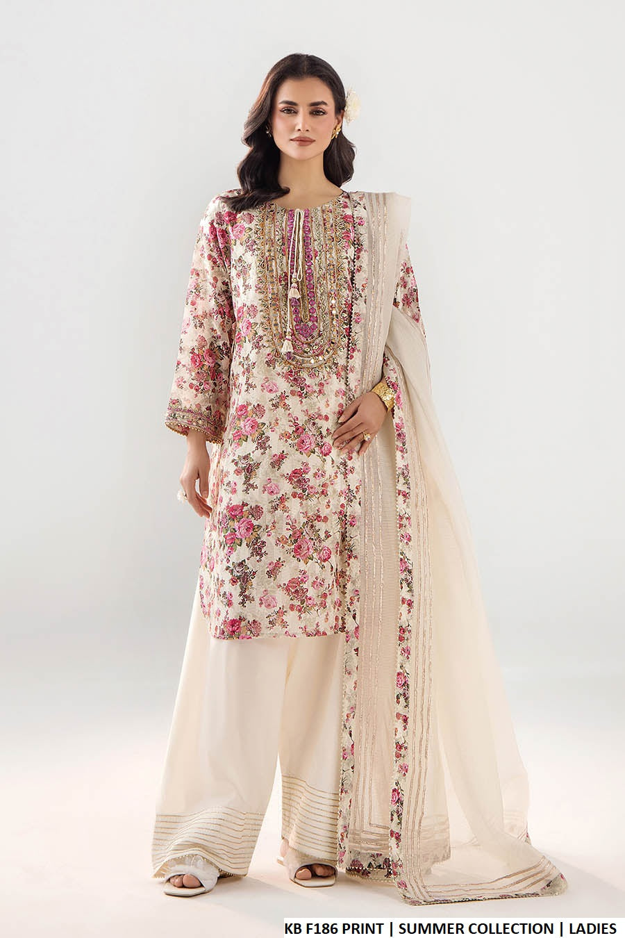 Brochette gol daman shirt farshi shalwar printed - Pakistani women's traditional formal wear with net dupatta front view