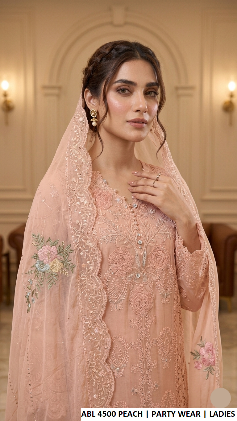 ABL 4500 PEACH - Peach Chiffon 3-Piece Women's Straight Plazo Suit Pakistan