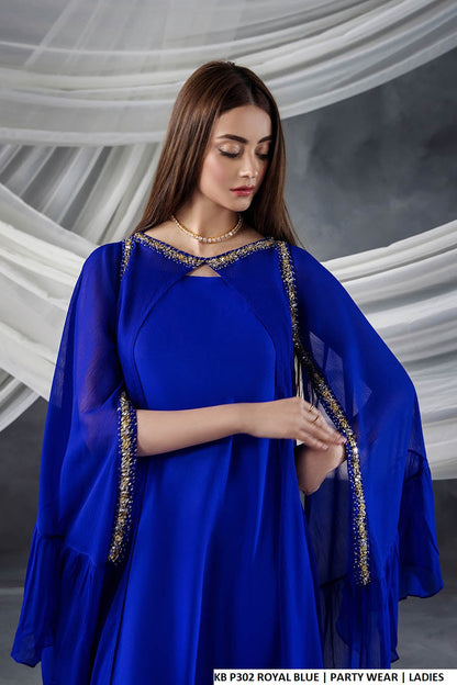 Royal blue chiffon Pakistani women's open gown side view