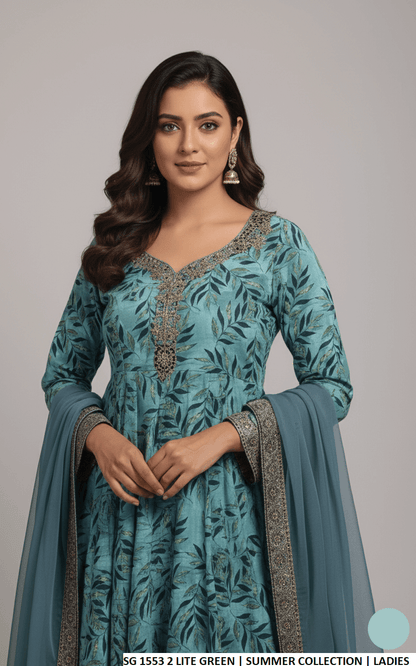 Pakistani women's lawn printed long frock casual outfit side view