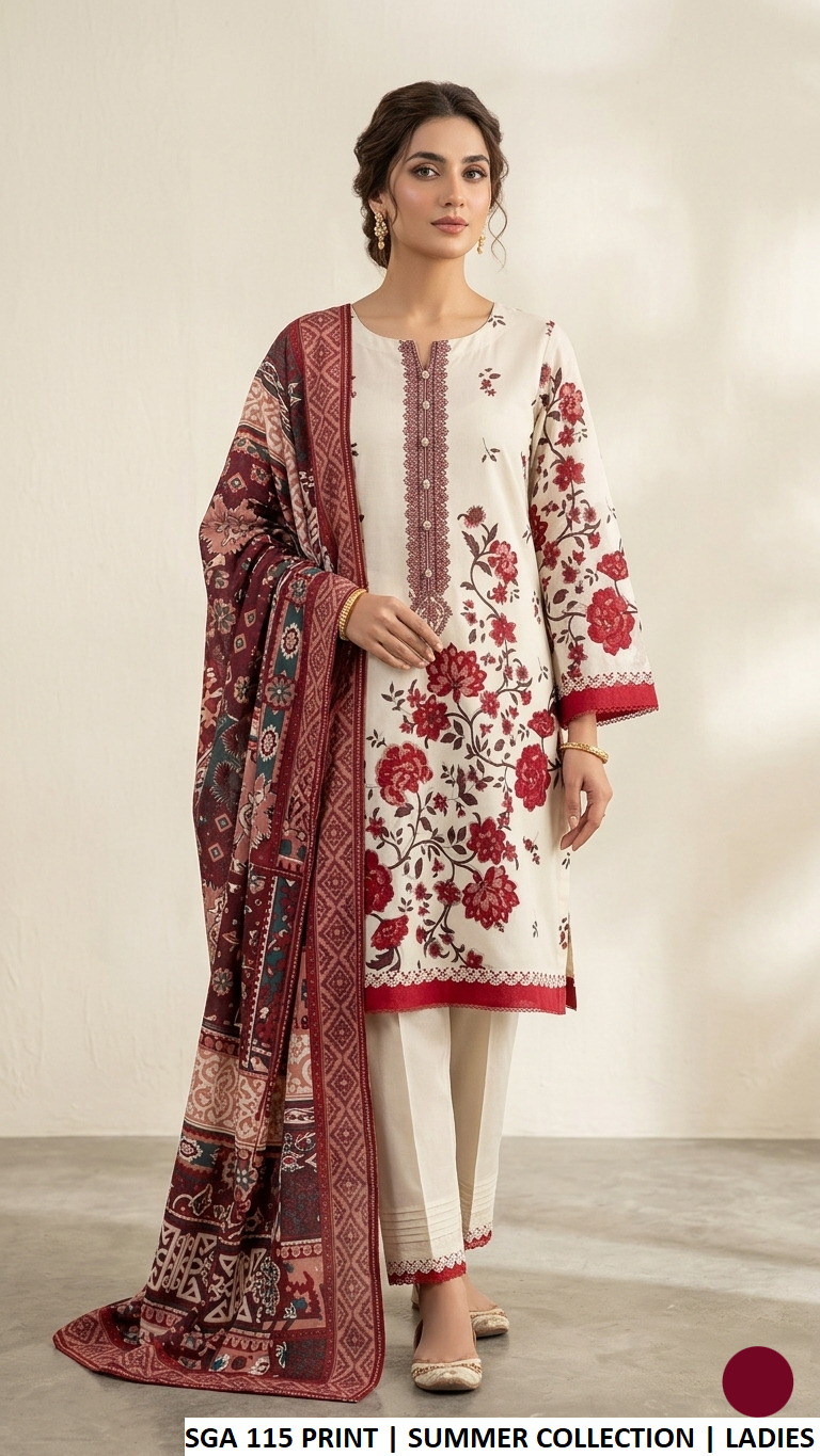 Lawn A-Line printed shirt - Pakistani women's casual summer outfit with cotton trouser and lawn dupatta front view