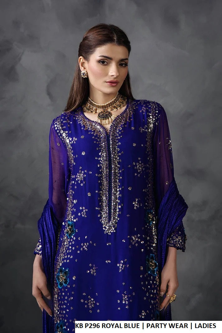 Royal blue crinkle chiffon Pakistani women's embellished shirt side view