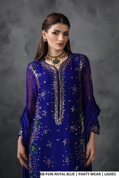 Royal blue crinkle chiffon Pakistani women's embellished shirt side view