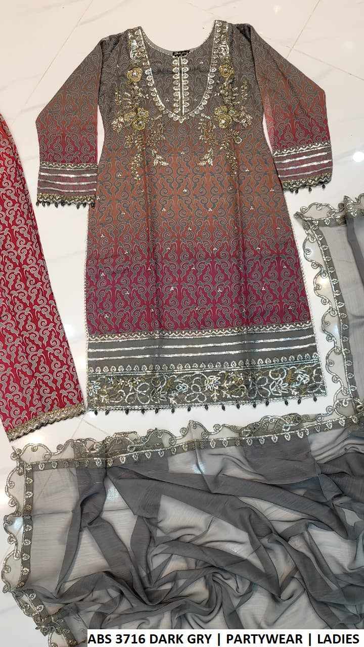 ABS 3716 DARK GREY - Dark Grey Chiffon Straight 3-Piece Women's Pakistani Suit