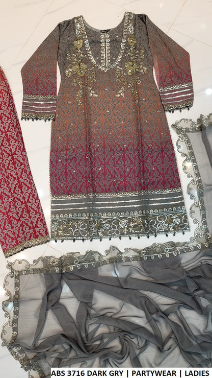 ABS 3716 DARK GREY - Dark Grey Chiffon Straight 3-Piece Women's Pakistani Suit