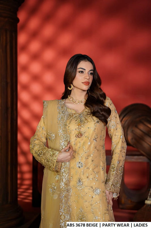 Beige soft net Pakistani women's straight shirt with plazo side view