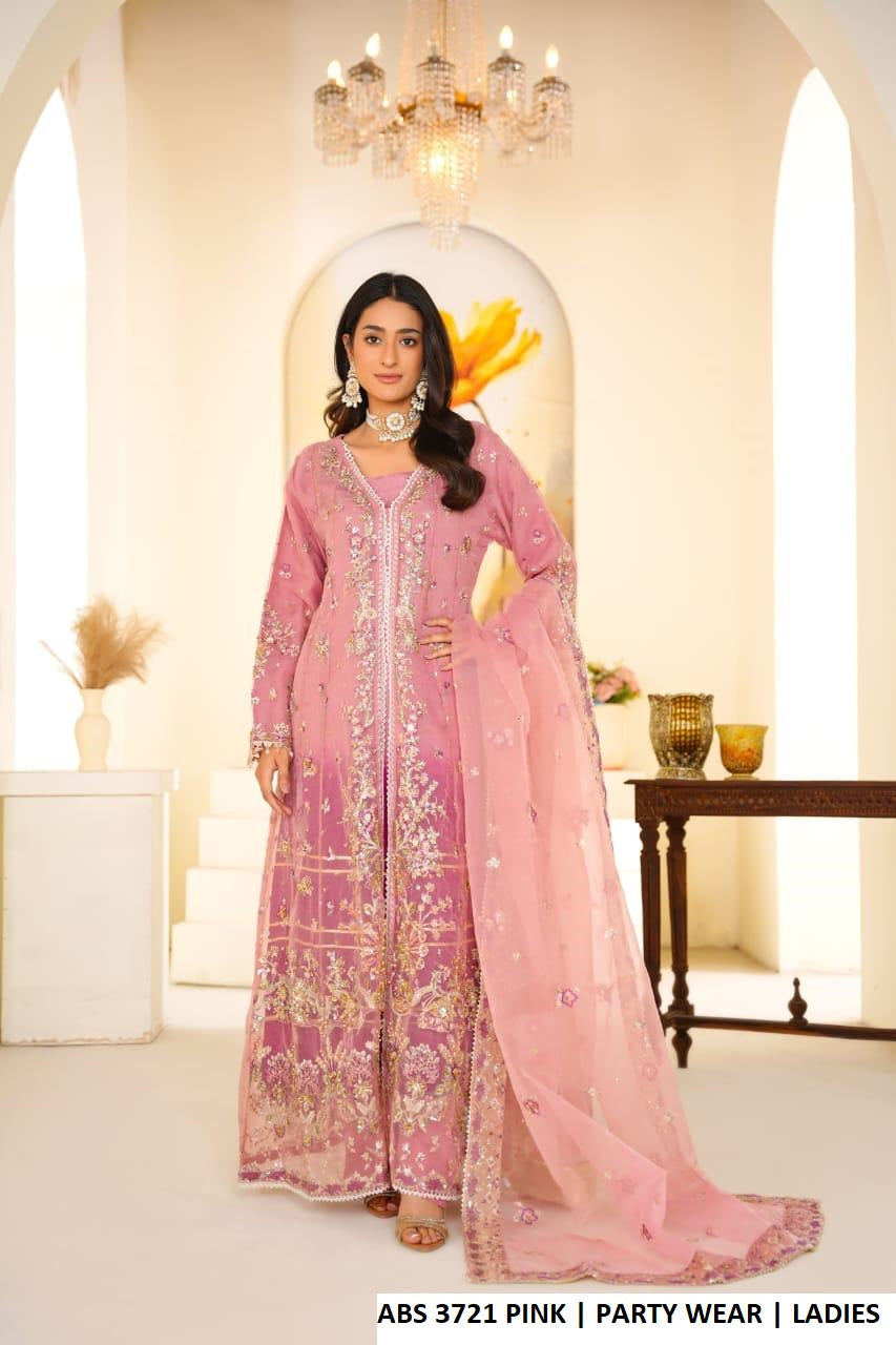 Organza open long frock baby pink - Pakistani women's elegant formal wear with grip trouser and organza dupatta front view