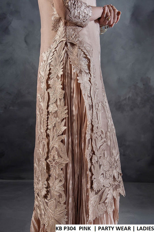 Pink organza Pakistani women's straight shirt with crush sharara side view