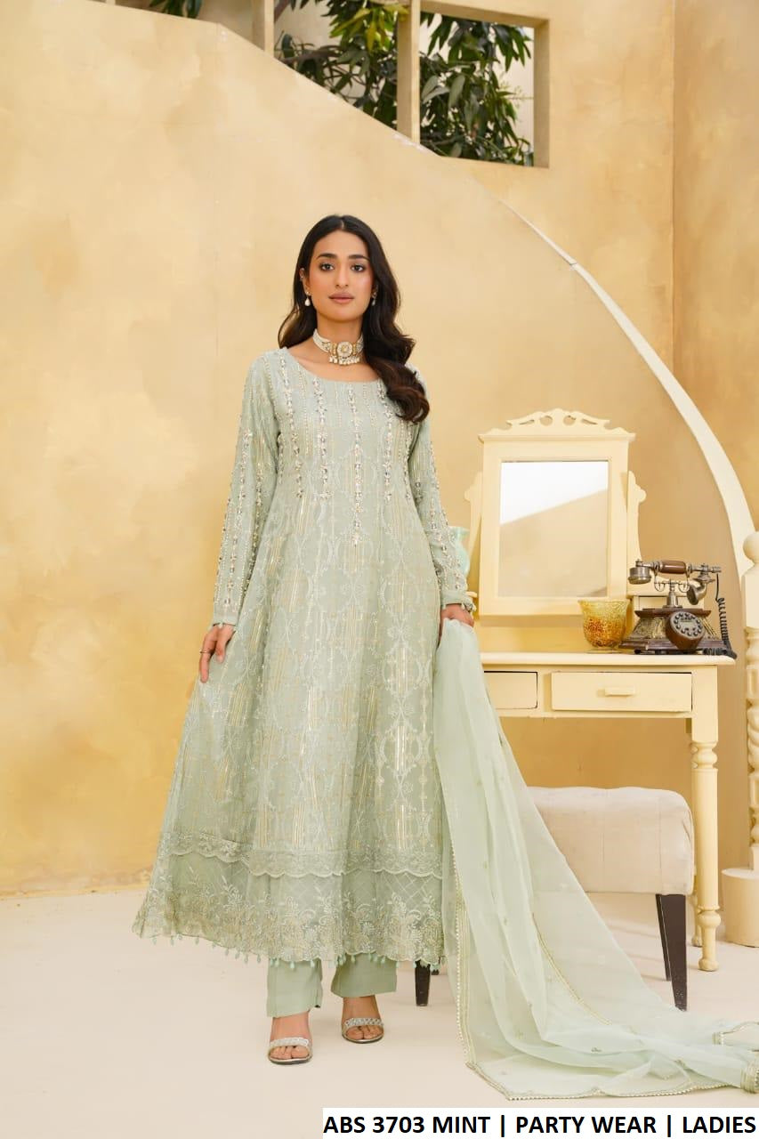Chiffon frock mint green - Pakistani women's elegant formal wear with grip trouser and organza dupatta front view