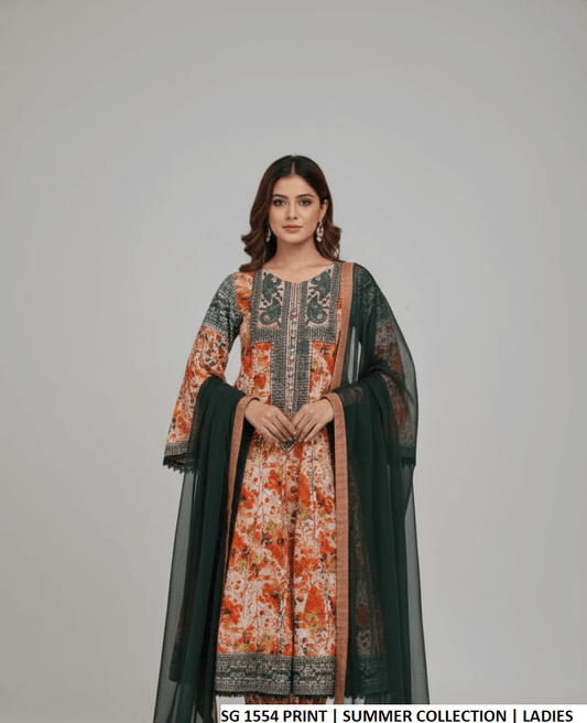 Lawn long frock printed - Pakistani women's casual summer outfit with lawn trouser and chiffon dupatta front view