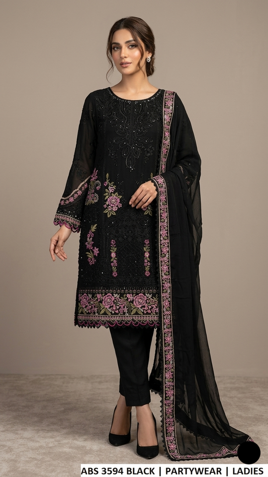 ABS 3594 BLACK - Black Chiffon Straight 3-Piece Women's Pakistani Suit