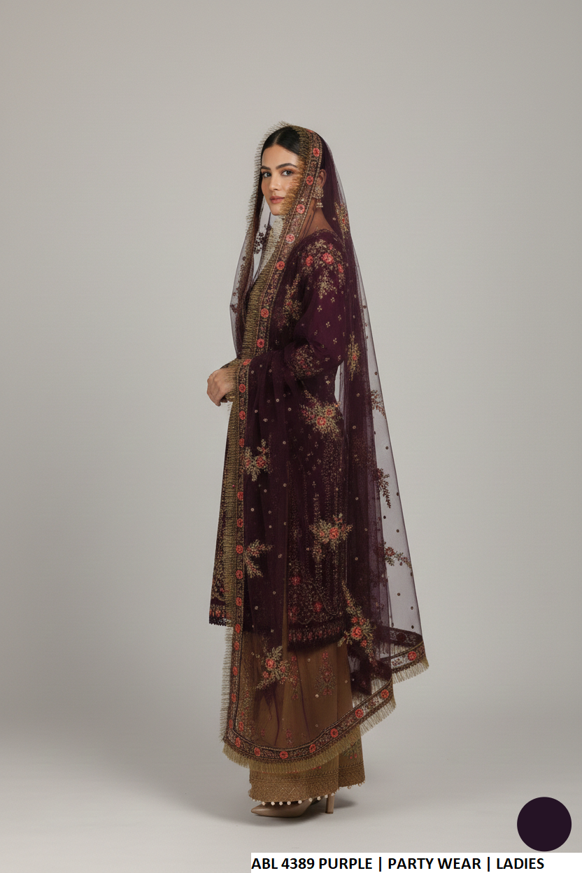 Pakistani women's purple chiffon shirt plazo detail view