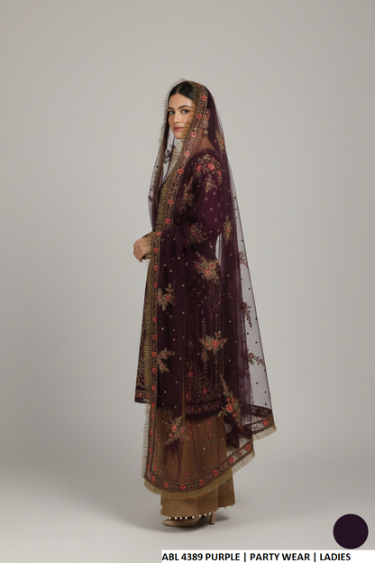 Pakistani women's purple chiffon shirt plazo detail view
