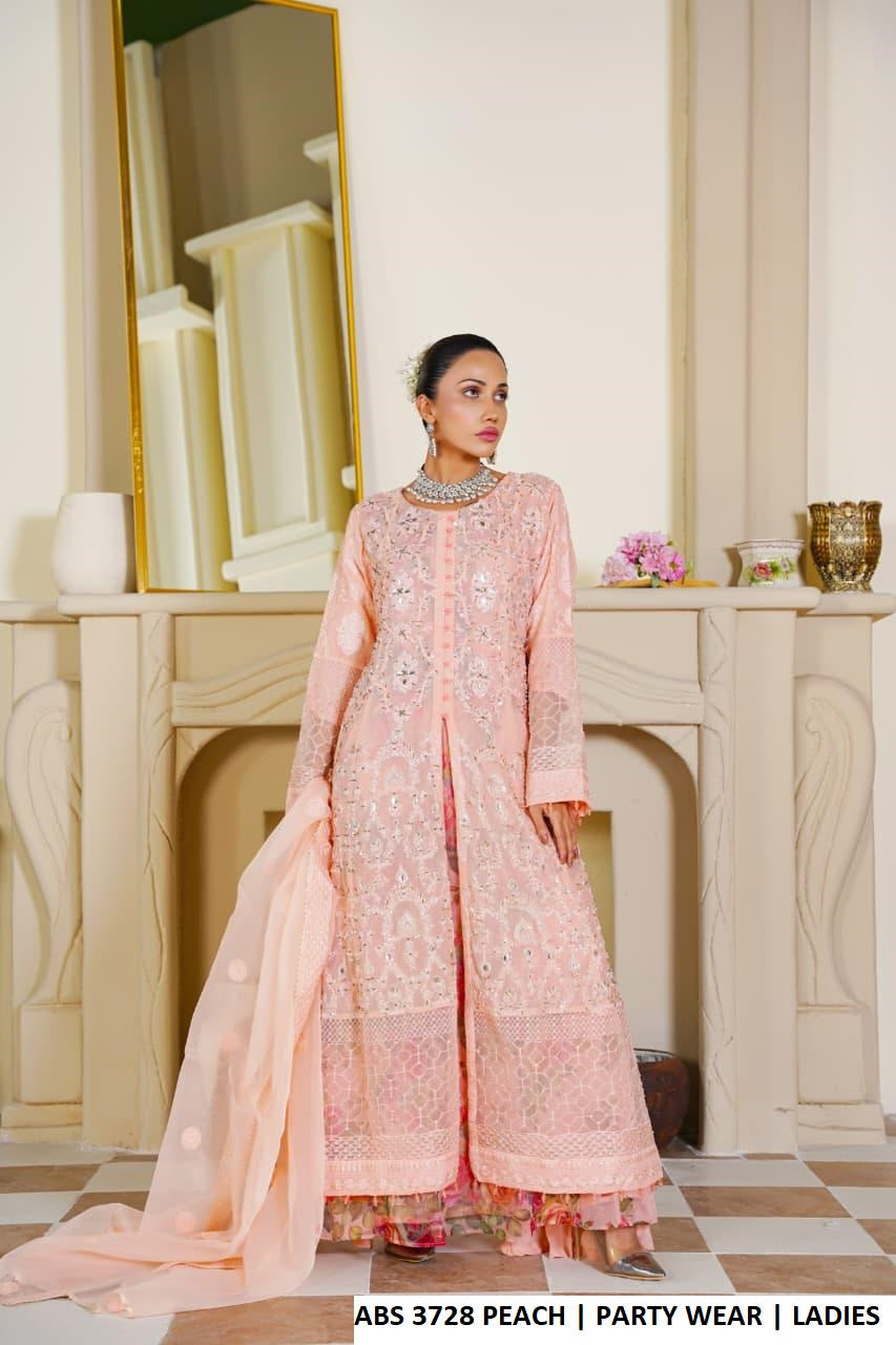 Chiffon long open frock peach - Pakistani women's elegant formal wear with grip trouser and organza dupatta front view