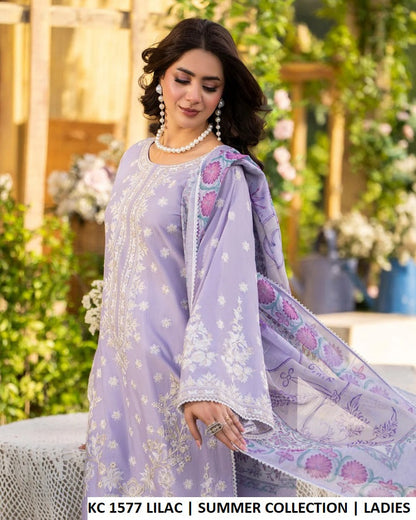 KC Sunehri 1577 - Soft Lilac Embroidered Cotton 3-Piece Women's Pakistani Suit