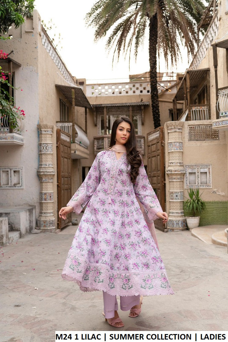 M24 1 PRINT - Elegant Lawn Long Frock with Plazo 3-Piece Women's Suit