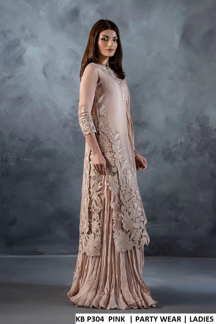 Pakistani women's pink organza straight shirt sharara detail view