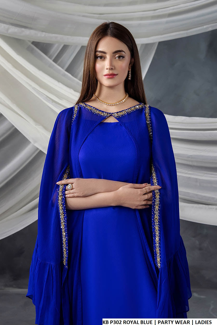 Pakistani women's royal blue chiffon open gown back view