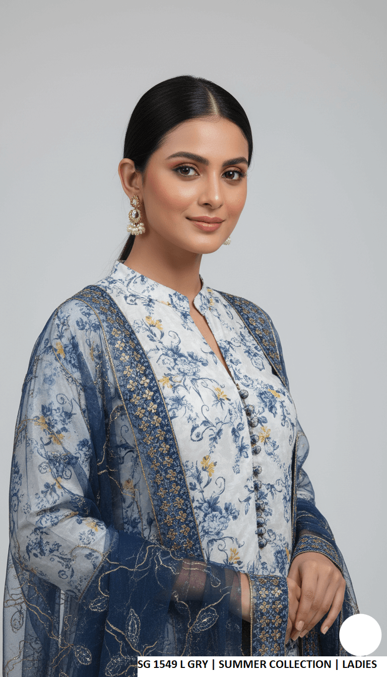 Pakistani women's lawn A-Line printed casual outfit detail view
