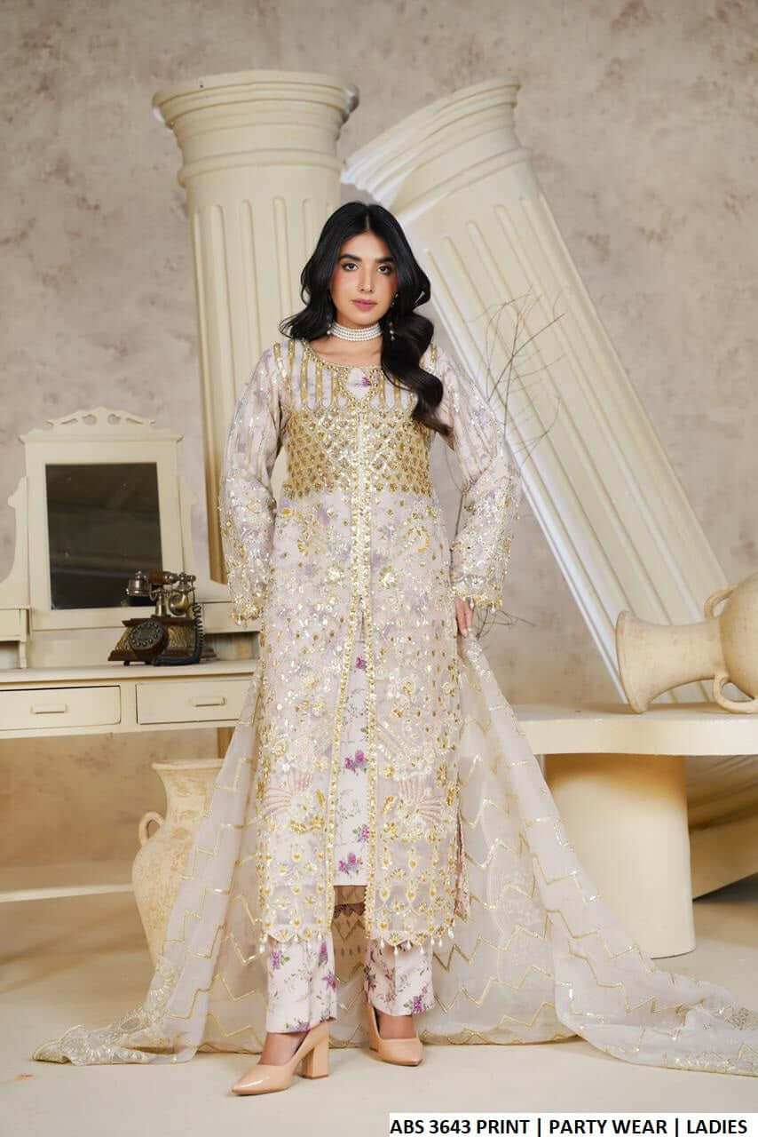 Organza open long shirt printed - Pakistani women's formal party wear with grip trouser and organza dupatta front view