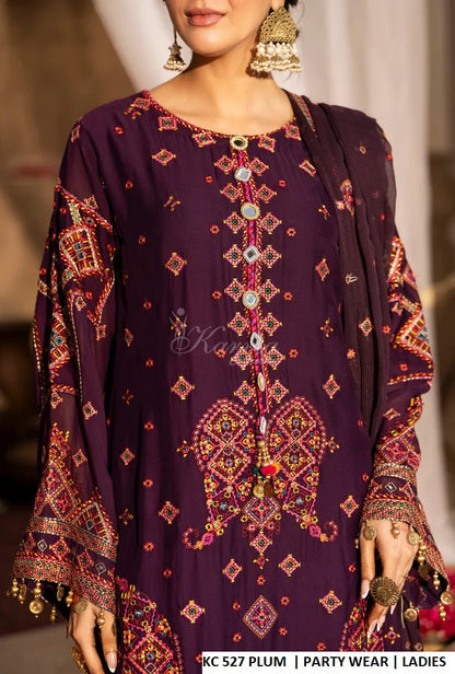 Plum georgette Pakistani women's short shirt with embroidered farshi shalwar side view