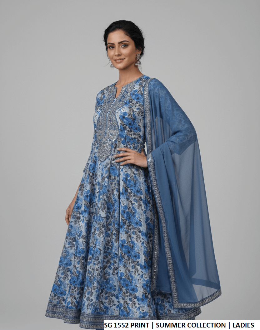 Pakistani women's lawn long frock printed casual outfit detail view