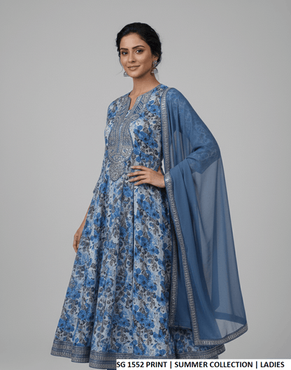 Pakistani women's lawn long frock printed casual outfit detail view