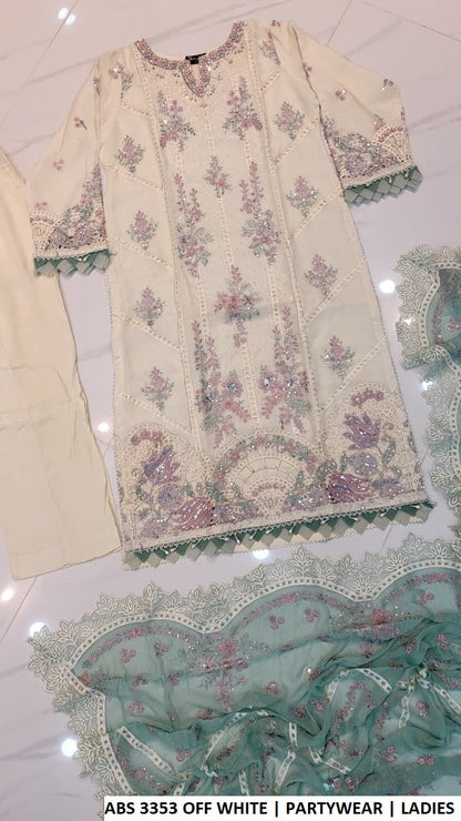 ABS 3353 OFF WHT - Off White Chiffon Straight 3-Piece Women's Pakistani Suit